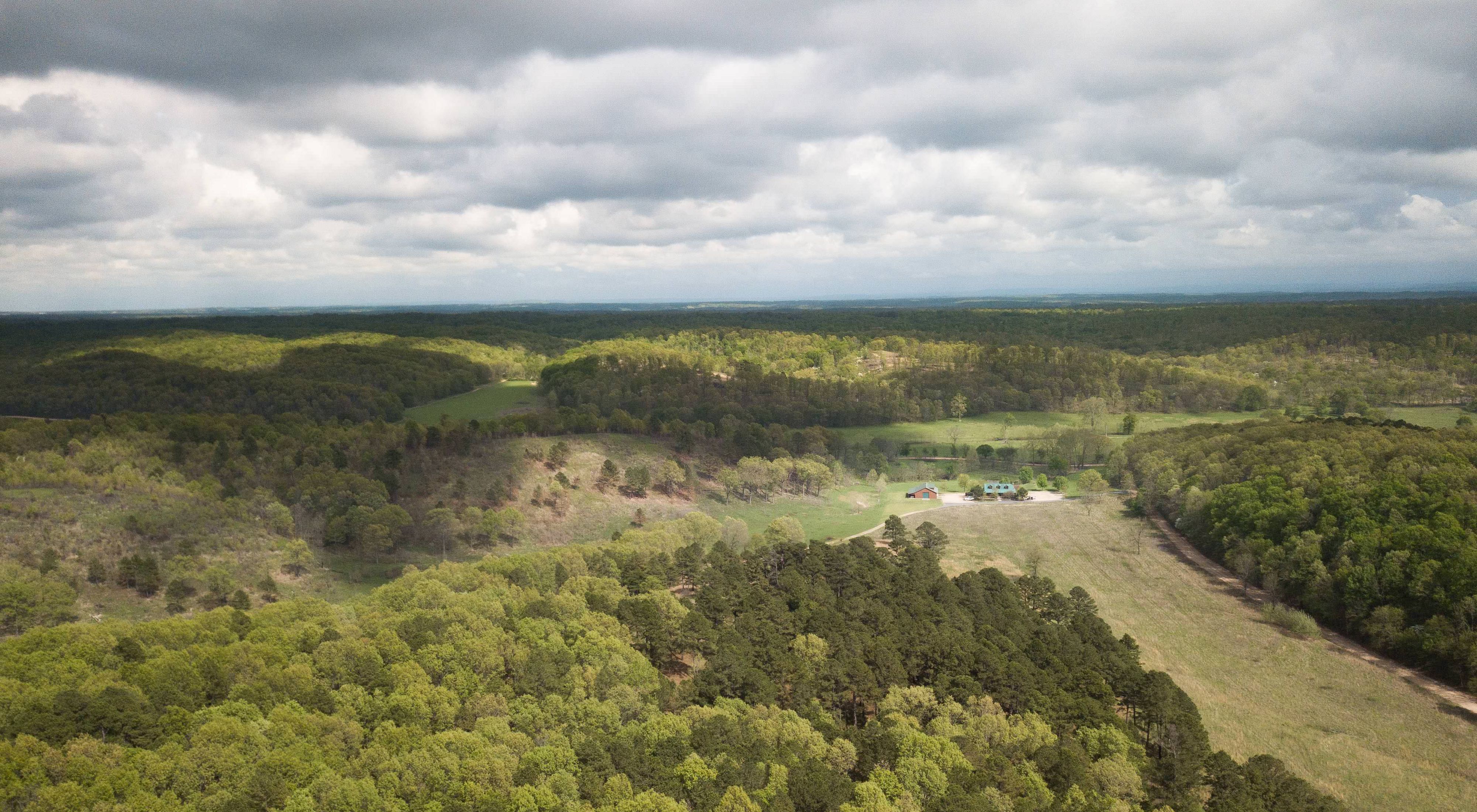 Birds-eye view of the J.T. Nickel Family Nature & Wildlife Preserve in the Ozark forest.
