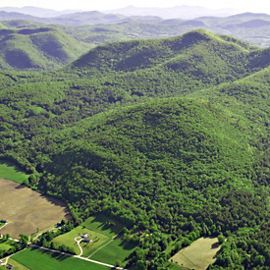 Aerial view of a vast mountainous area of unfragmented forests.
