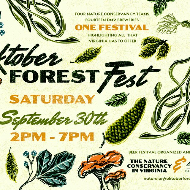 Save the date postcard promoting Virginia's OktoberForest Fest on Saturday, September 30. The event details are surrounded by ingredient illustrations.