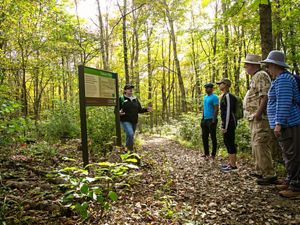 Community and Conservation Specialist Angie Burke orients hikers to Big Darby Headwaters Preserve.