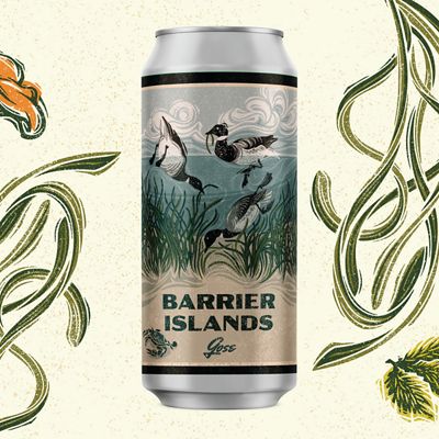 A beer car surrounded by line drawings of strands of eelgrass. The can label reads Barrier Island Gose and shows three ducks floating and diving to forage on eelgrass in a coastal bay.