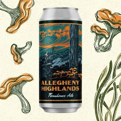 A beer car surrounded by line drawings of chanterelle mushrooms. The can label reads Allegheny Highlands Farmhouse Ale and shows mountain ridges under a sunset sky tinged with orange light.