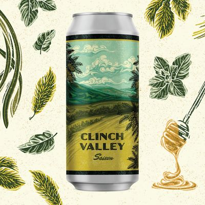 A beer car surrounded by line drawings of red spruce tips. The can label reads Clinch Valley Saison and shows an illustration of an open meadow and mountain ridges lining the horizon.
