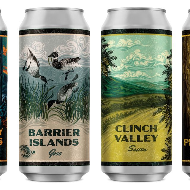 A row of four beer cans with label illustrations celebrating Virginia landscapes in the Allegheny Highlands, Eastern Shore, Clinch Valley and Virginia Pinelands.