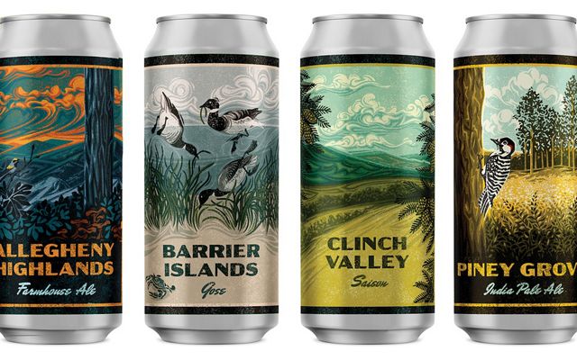 Four beers cans lined in a row. Each displays artwork highlighting Virginia's four priority landscapes of the Allegheny Highlands, VVCR Barrier Islands, Clinch Valley and Southern Pinelands.