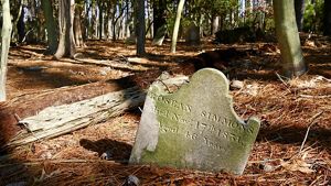 A gravestone is tilted to the side and half buried in the ground, covered with pine needles. The marker reads, Rosean Simmons died Nov. 17, 1831. Aged 46 Years.