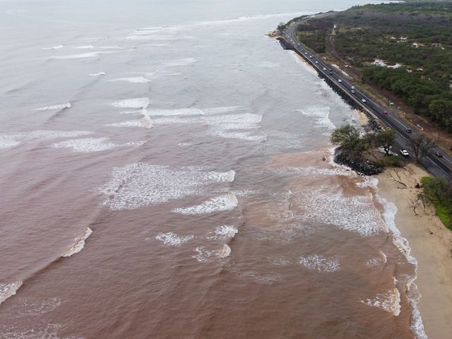 Aerial image of a coastline with brown water.