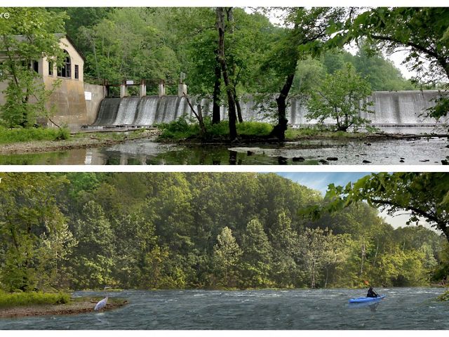 A before shot and an after rendering of the removal of the Columbia Dam in New Jersey. 