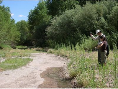 Two people stand in a grassy area during the daytime, looking at a dried up creek.