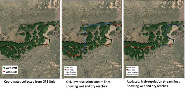 Ariel images with added data points and lines show updated stream lines in GIS software.
