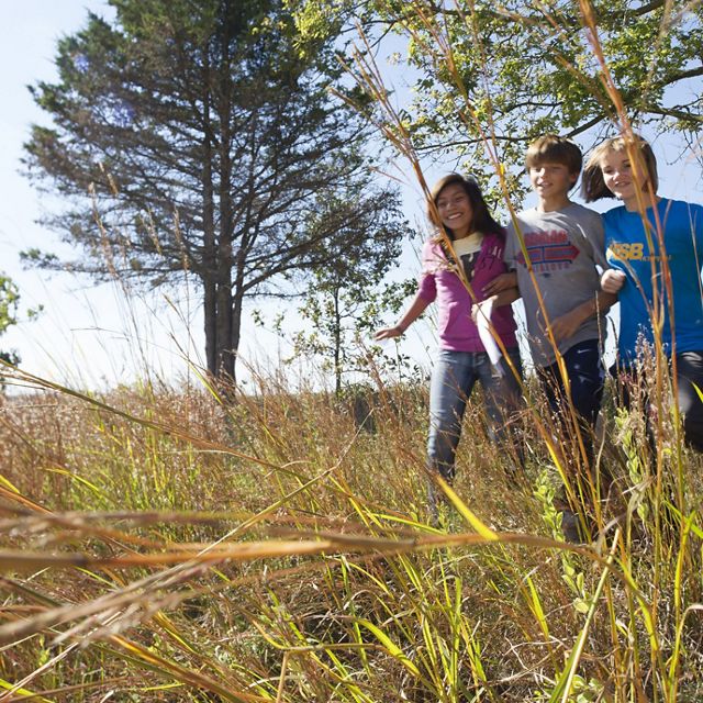 Three children exploring TNC's Nachusa Grasslands Preserve in Illinois under a sunny blue sky.