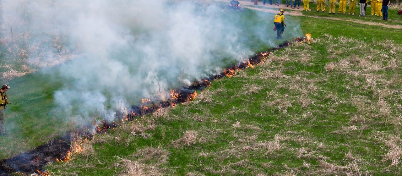 Aerial view of a group of observers watching a prescribed burn.