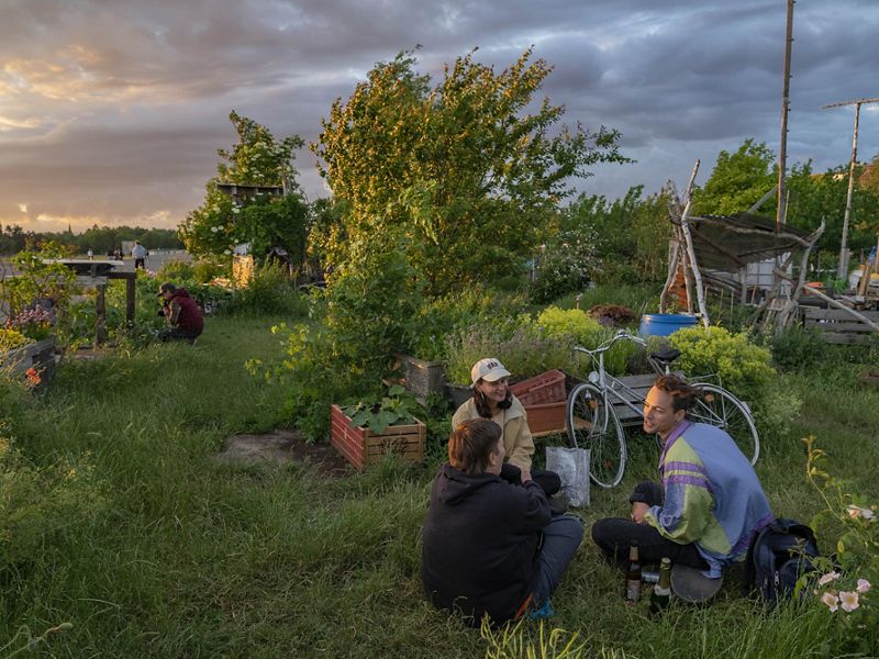 three people site on the grass surrounded by plants and bicycles