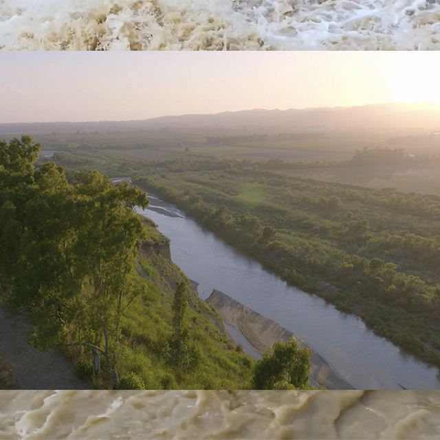 Stills from a video showing an aerial view of the Santa Clara River and surrounding mountains. 