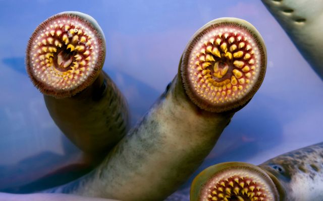 Three sea lampreys pressed up against a tank's glass.