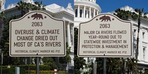 Two Futures signs installed on the steps of the California State Capitol.