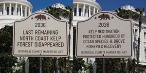 Two Futures signs installed on the steps of the California State Capitol.