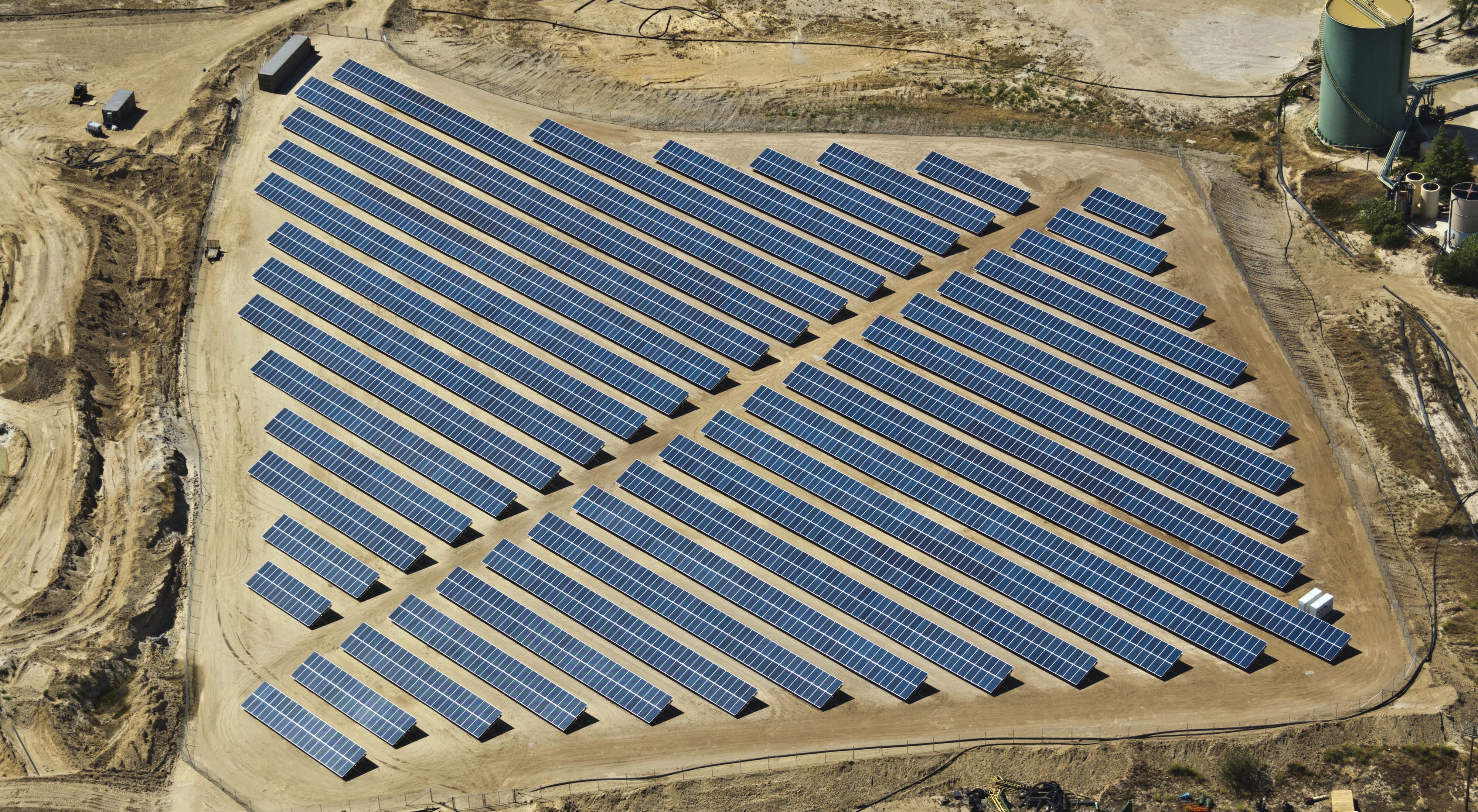 Aerial image of solar array in the desert. 