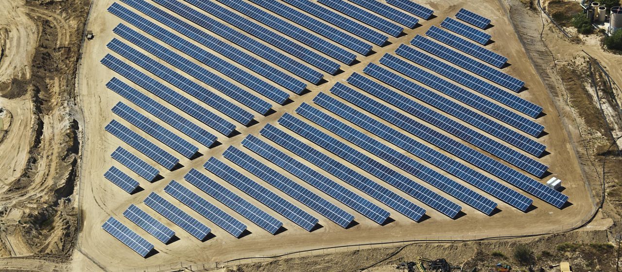 Aerial view of a solar array. 