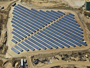 An aerial view of an array of solar panels at a quarry near Byron, California.
