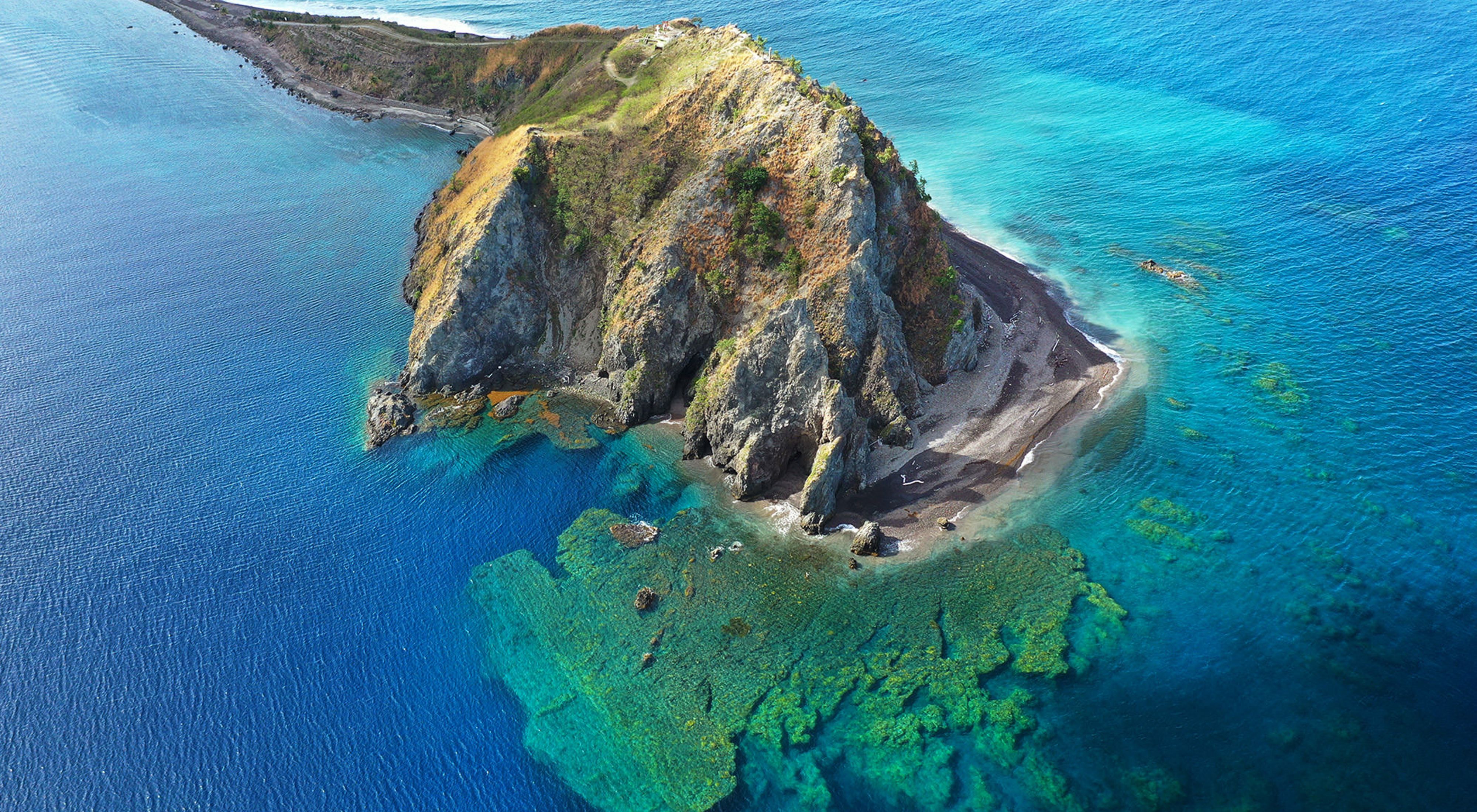 Aerial view of coastal cliffs and coral reefs below water's surface in Soufriere-Scott's Head Marine Reserve in Dominica.