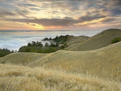 Stinson Beach at sunrise from Mt. Tamalpais in Marin County, California.