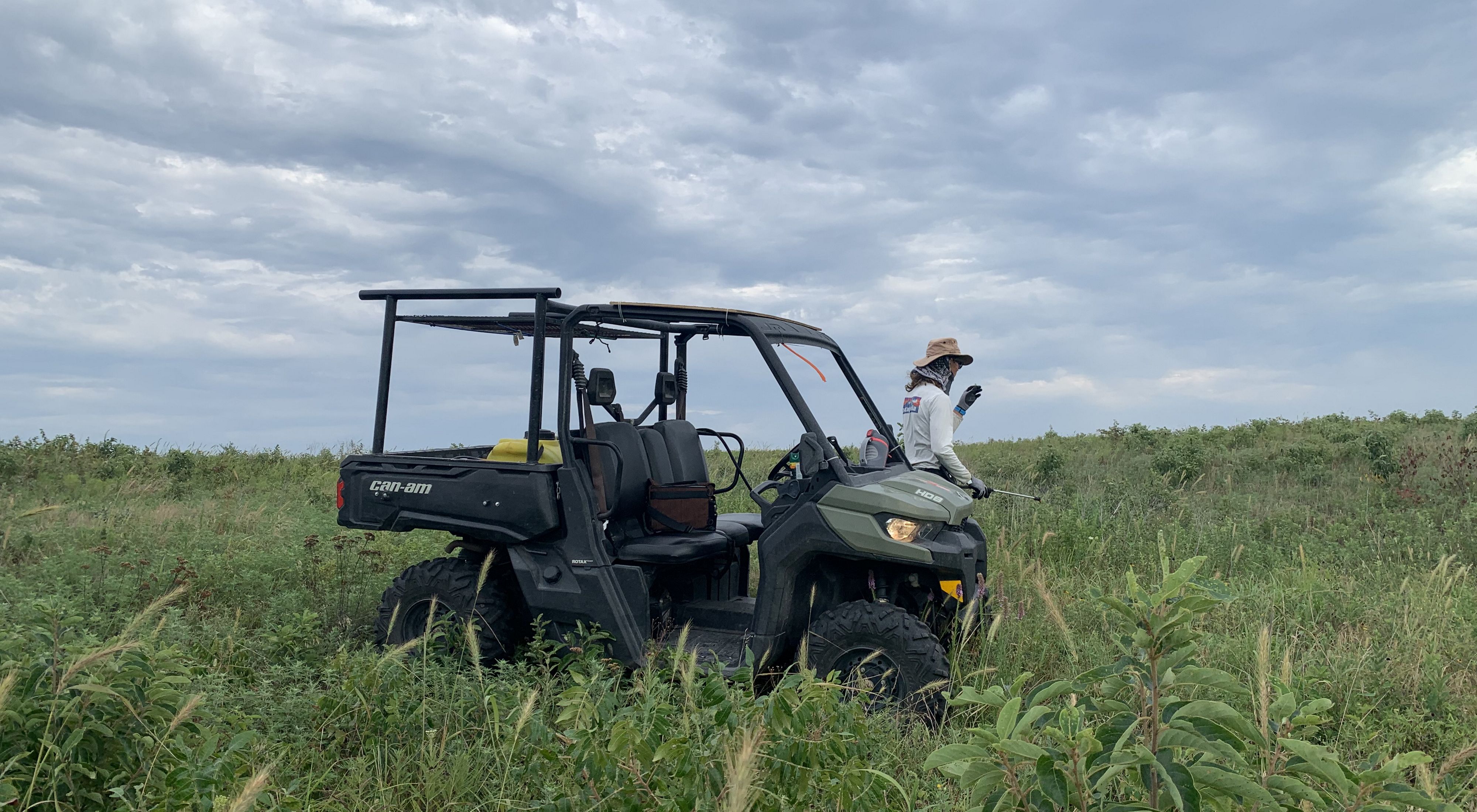 A man stands next to a UTV and sprays invasive plants in a wide field.
