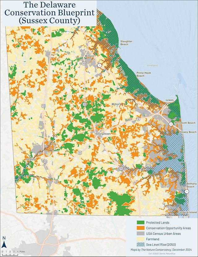 A map of Sussex County Delaware showing opportunites for conservation in orange. 