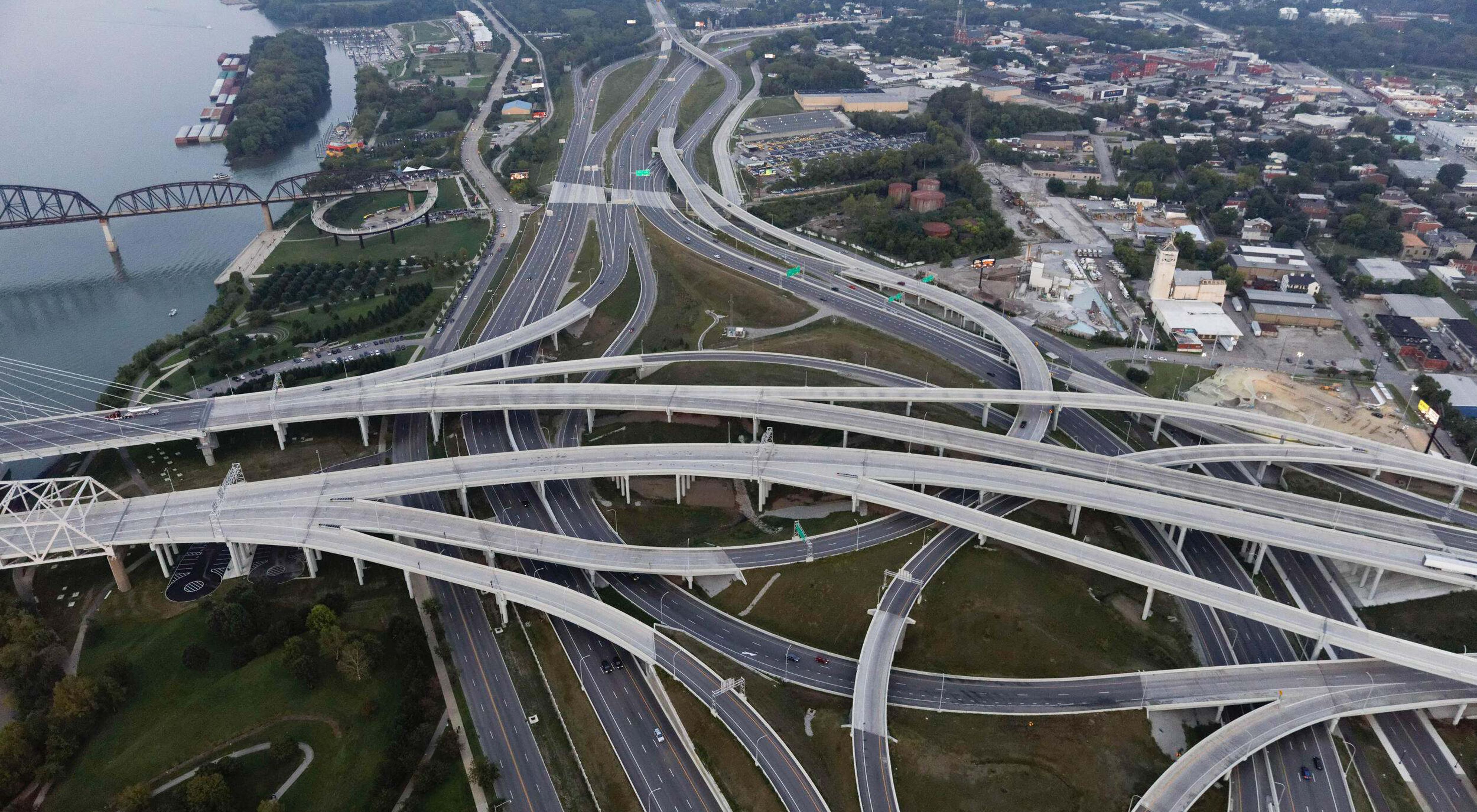 Aerial image of roads and highways overlapping one another. 