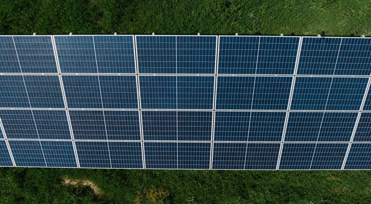 Solar panels in tight rows reflect back sunshine.