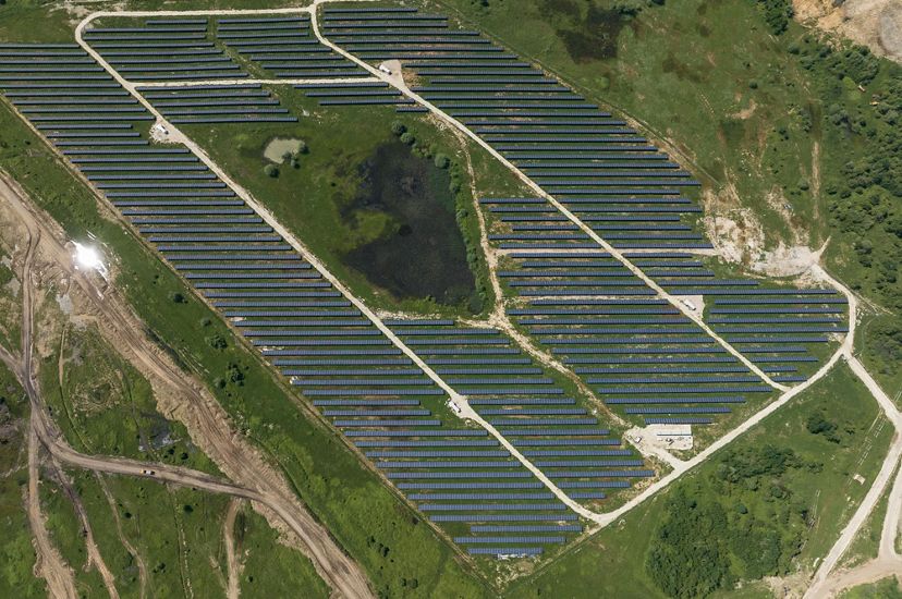 Aerial view of solar panels in a large field in Macedonia.