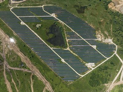 Aerial view of solar panels in a large field in Macedonia.