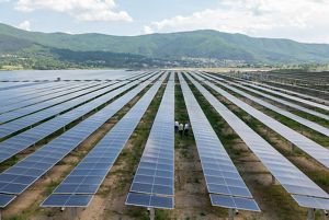 Aerial view of people walking among rows of solar panels.