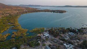 An aerial view of a lake cove.