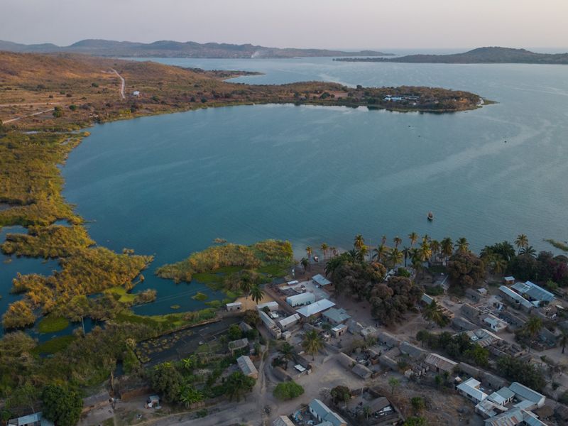 an aerial view of a lake cove.