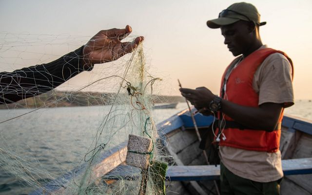 A person in a fishing boat with a hand from out of camera view outstretches holding a net.