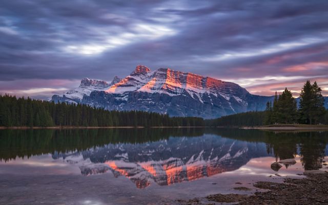 Sunset at Two Jacks Lake in Banff National Park.