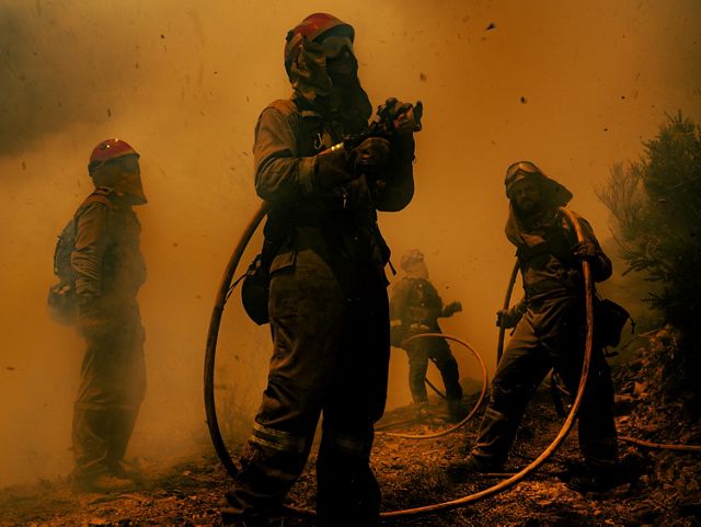 Cuatro bomberos sostienen una manguera de agua y se encuentran al borde de un bosque. El aire es anaranjado y lleno de humo.