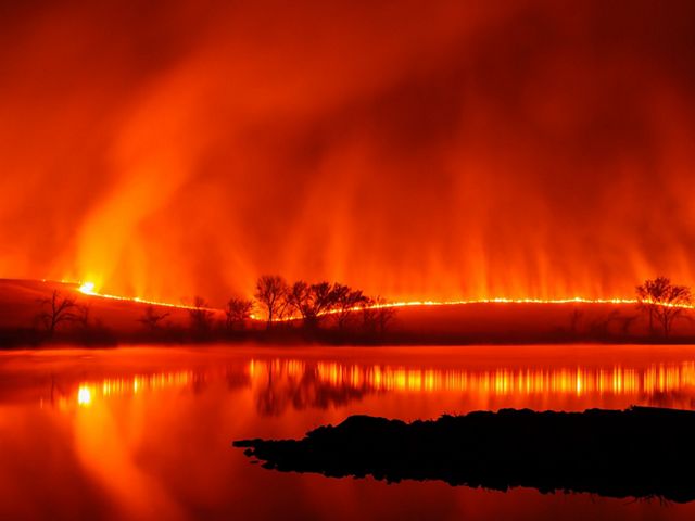 Flames from a prescribed fire are reflected in a lake.