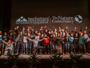 Group photo of the 10 startups of the Techstars Sustainability Accelerator at Demo Day 2019.