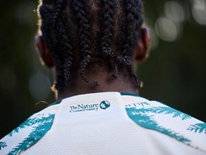 A person with their back facing the camera showing the TNC logo on the back of their shirt collar. 