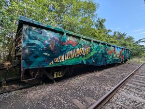 A monarch caterpillar mural on an abandoned train car. 