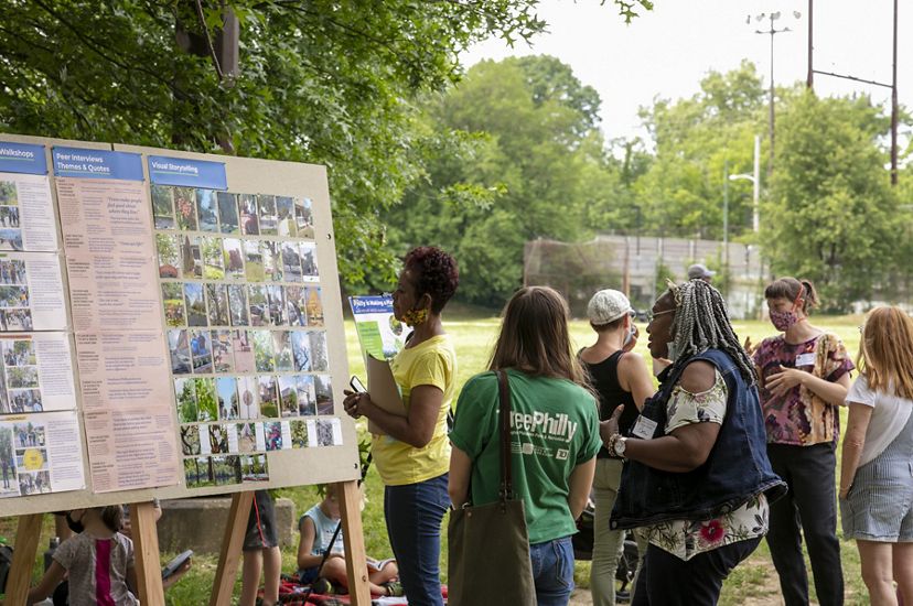 A group of people looking at a board with pictures of trees while standing in a park. 