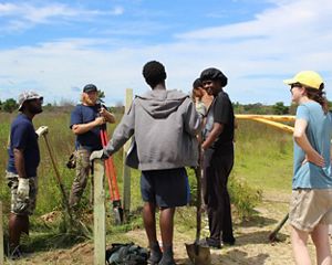 A group of people work together to install posts in a grassy area.