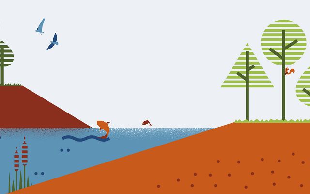 Illustration of birds, fish, squirrels and deer among the trees, water and soil with Trees. Water. Soil. logo overlay.