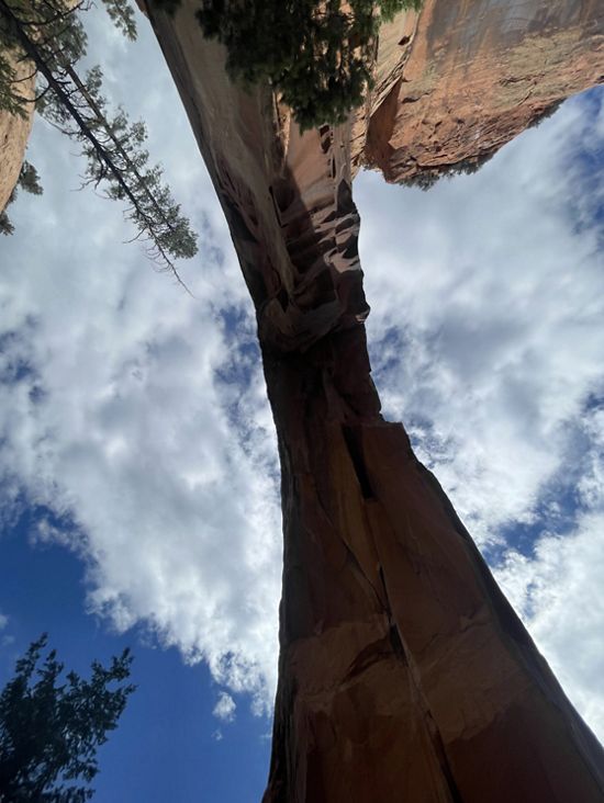 Looking up at the underside of a towering sandstone arch, set against a bright blue sky and white fluffy clouds.