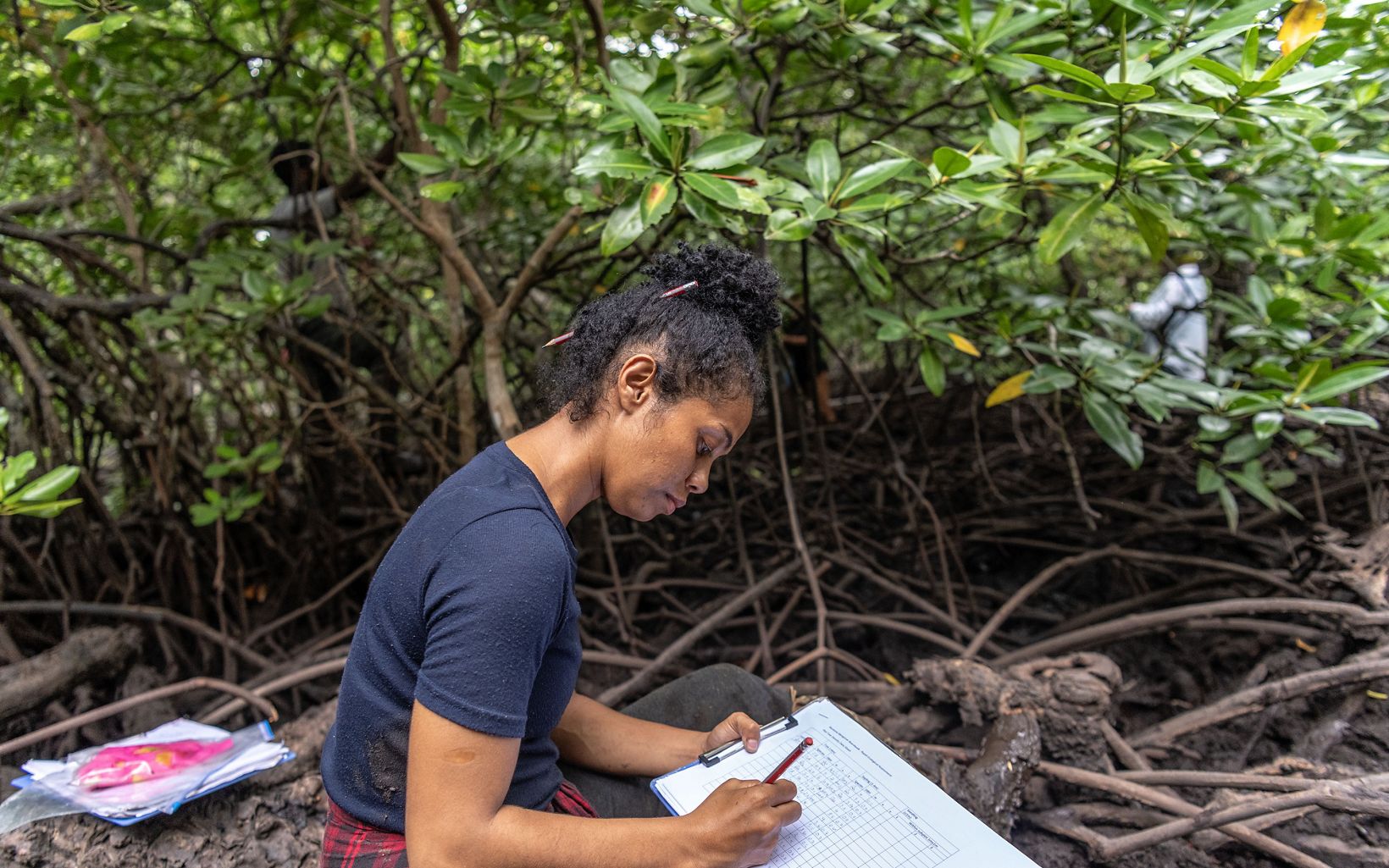 Mangrove research Alice Oembari, a participant in Mangoro Market Meri, doing field work within the mangrove forests near a future boardwalk site near Port Moresby, Papua New Guinea. © Annette Ruzicka