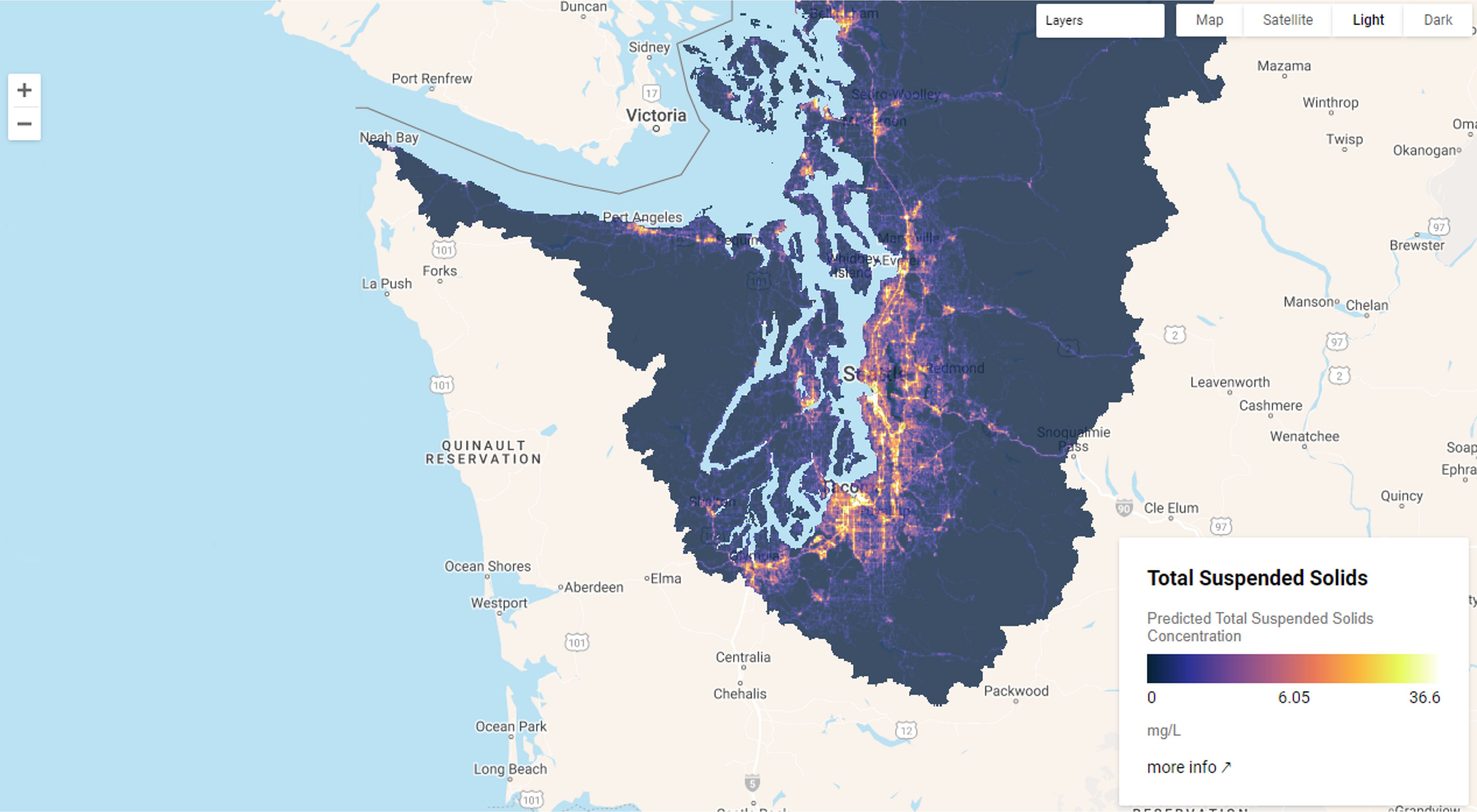Illustration of the Puget Sound, Washington watershed with areas highlighted in dark colors.