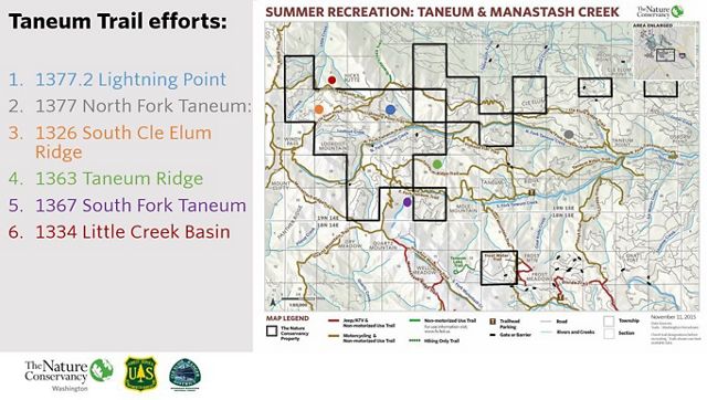 Map showing the different projects within the Taneum Watershed Trails restoration project.