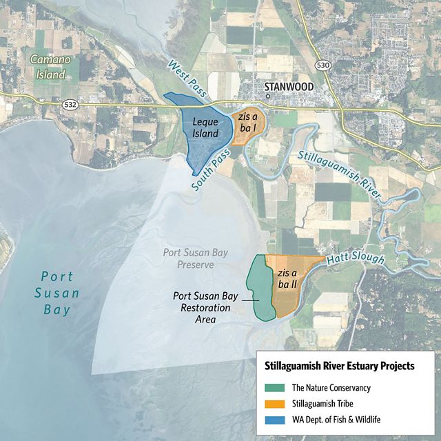 Map of Stillaguamish River estuary restoration projects.